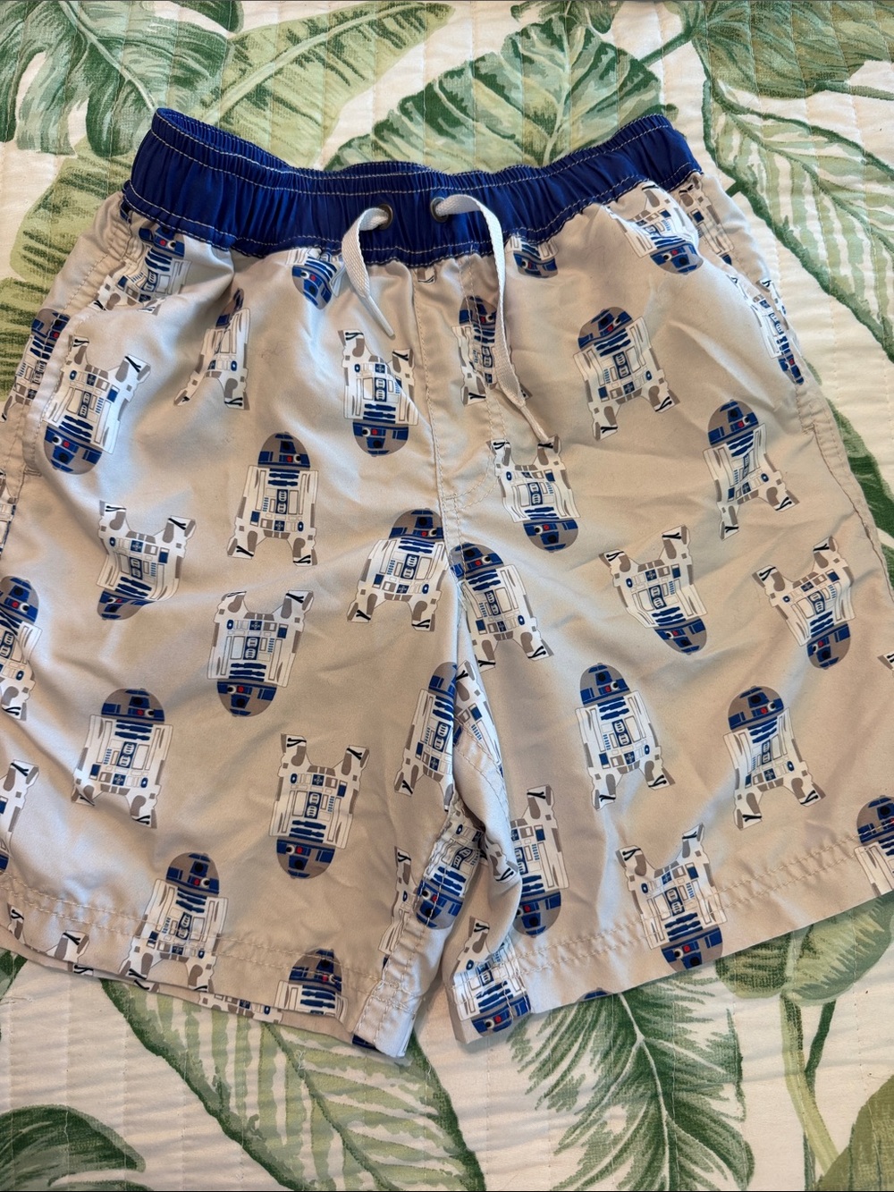 Hanna Andersson Light Gray R2-D2 Print Swim Trunks with Blue Waistband